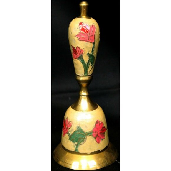 Metal Golden Brass Hand Bell Cream Enameled Pink Red Floral Pattern - Picture 4 of 12